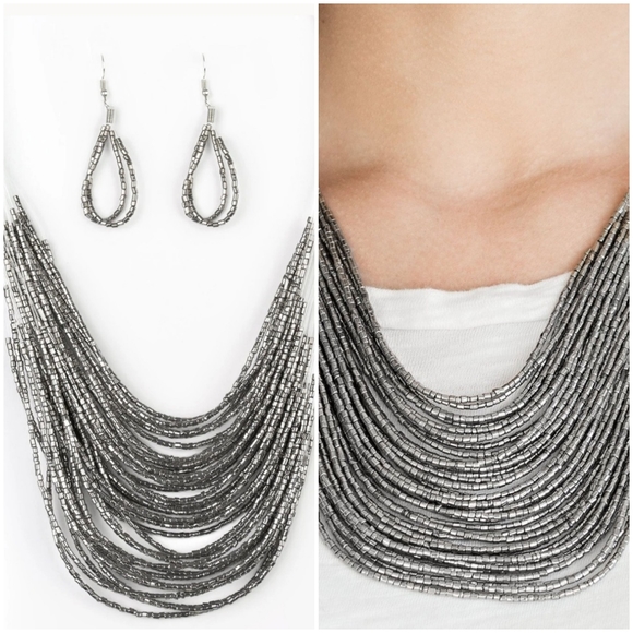 CATWALK QUEEN GUNMETAL SEABEAD NECKLACE/EARRING SE